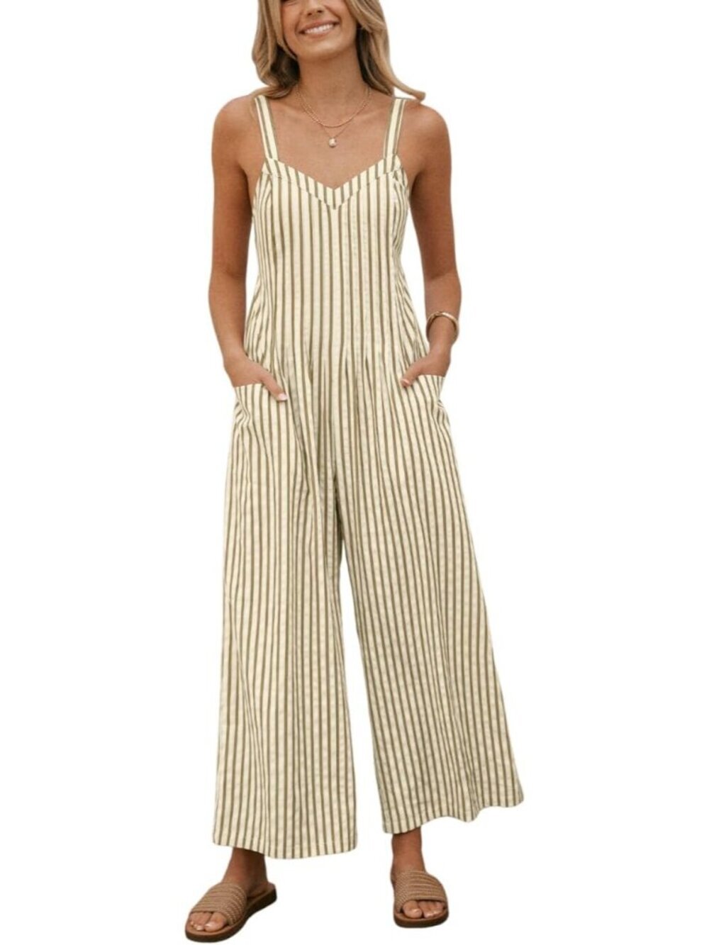 Women Striped Sleeveless Brown Strip Smocked Back Wide Leg Summer Overall Romper